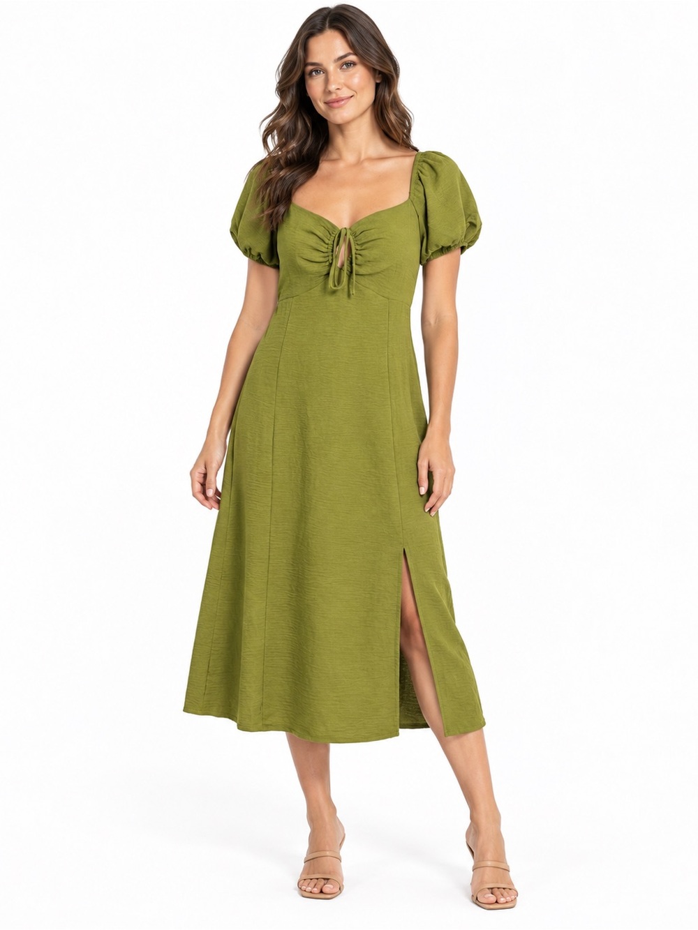 Monteau Los Angeles M Olive Green Puff Sleeve Midi Dress Cottagecore Boho Brunch